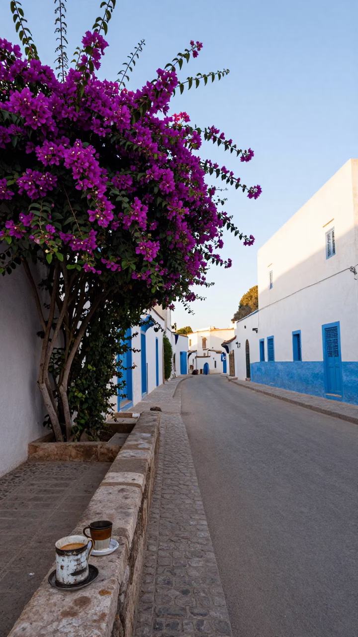 Essaouira Morocco Morning Street Scene with Plumbago Hedge and Coffee Tin in in Essaouira, Morocco
