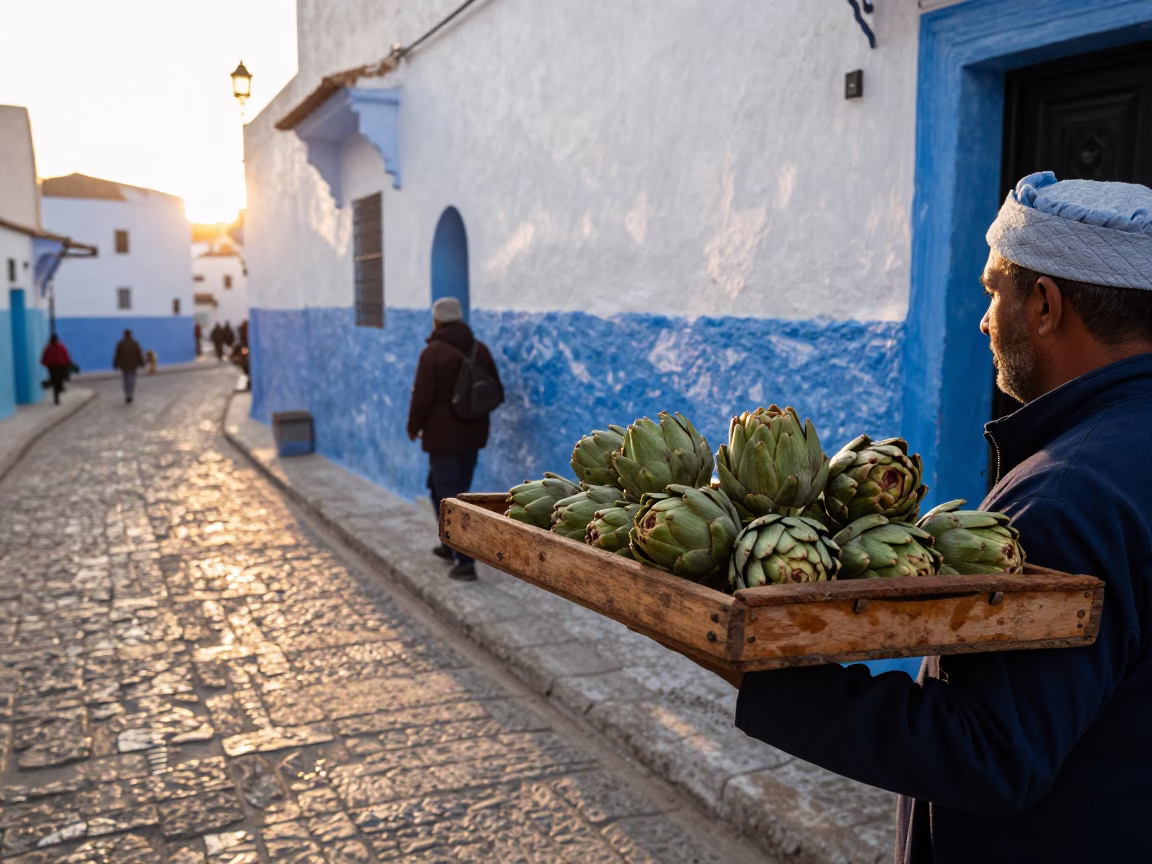 Essaouira Morocco morning street scene with wooden tray and local market activity in in Essaouira, Morocco