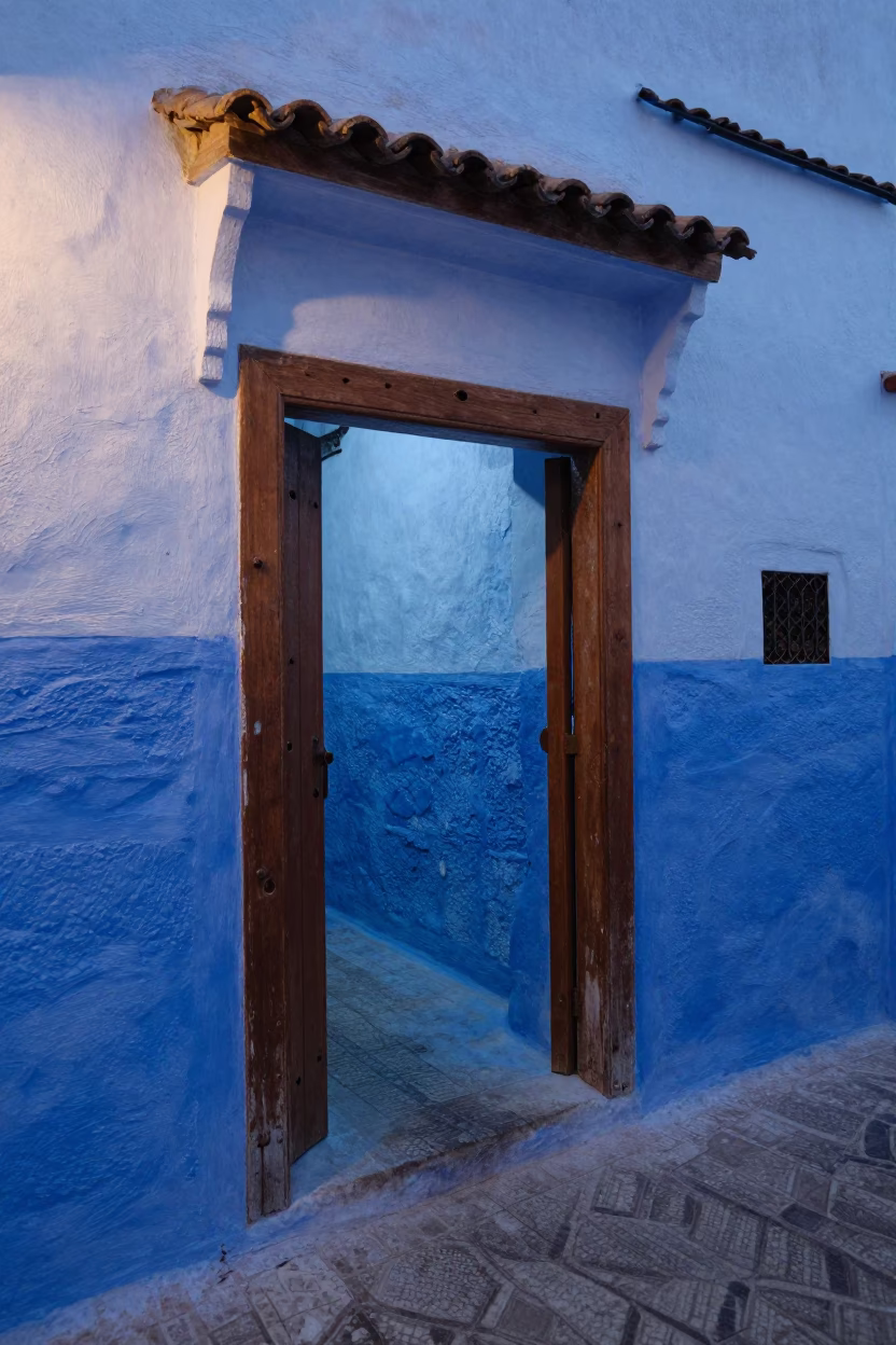 Essaouira Morocco Nautical Dawn Blue Hour Coastal Street Scene with Wicker Shadows in in Essaouira, Morocco