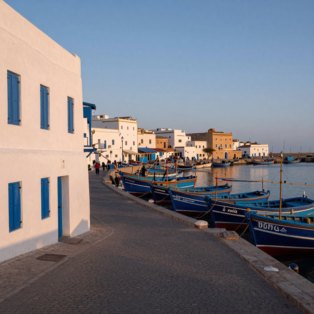 Essaouira Morocco Nautical Dawn Fishing Harbor with Blue and White Porcelain Plate and Shoehorn in in Essaouira, Morocco