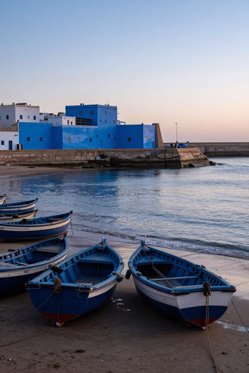 Essaouira Morocco Nautical Dawn Harbor Fishing Boats Blue Walls in in Essaouira, Morocco