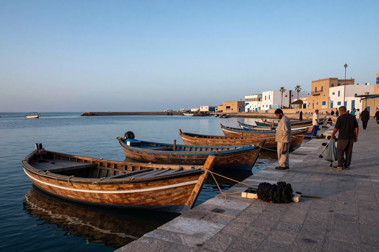 Essaouira Morocco Nautical Dawn Port Scene with Fishermen and Equipment in in Essaouira, Morocco