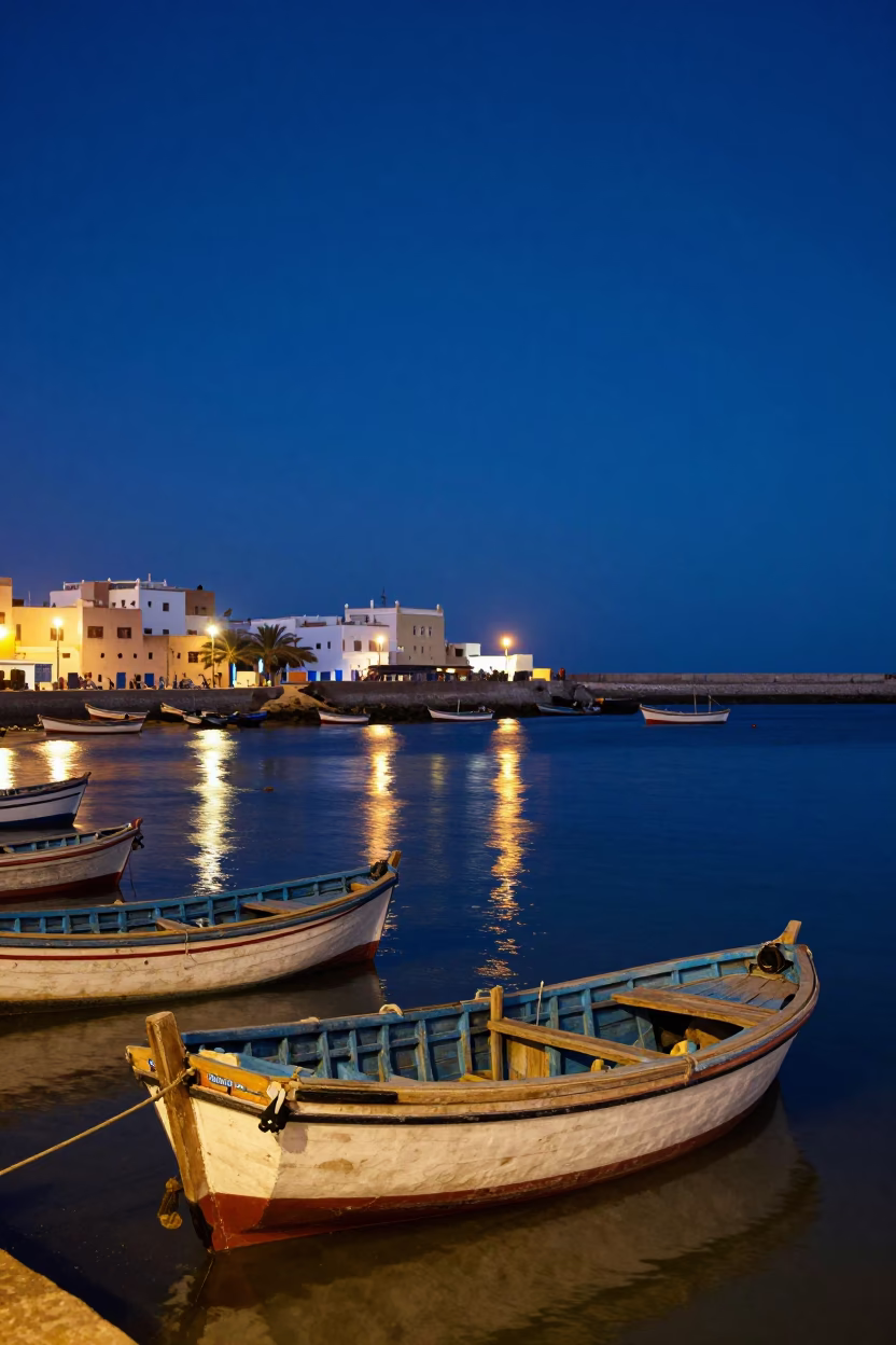 Essaouira Morocco Night Harbor Scene with Local Fishermen and Traditional Lanterns Under Deep Sky in in Essaouira, Morocco