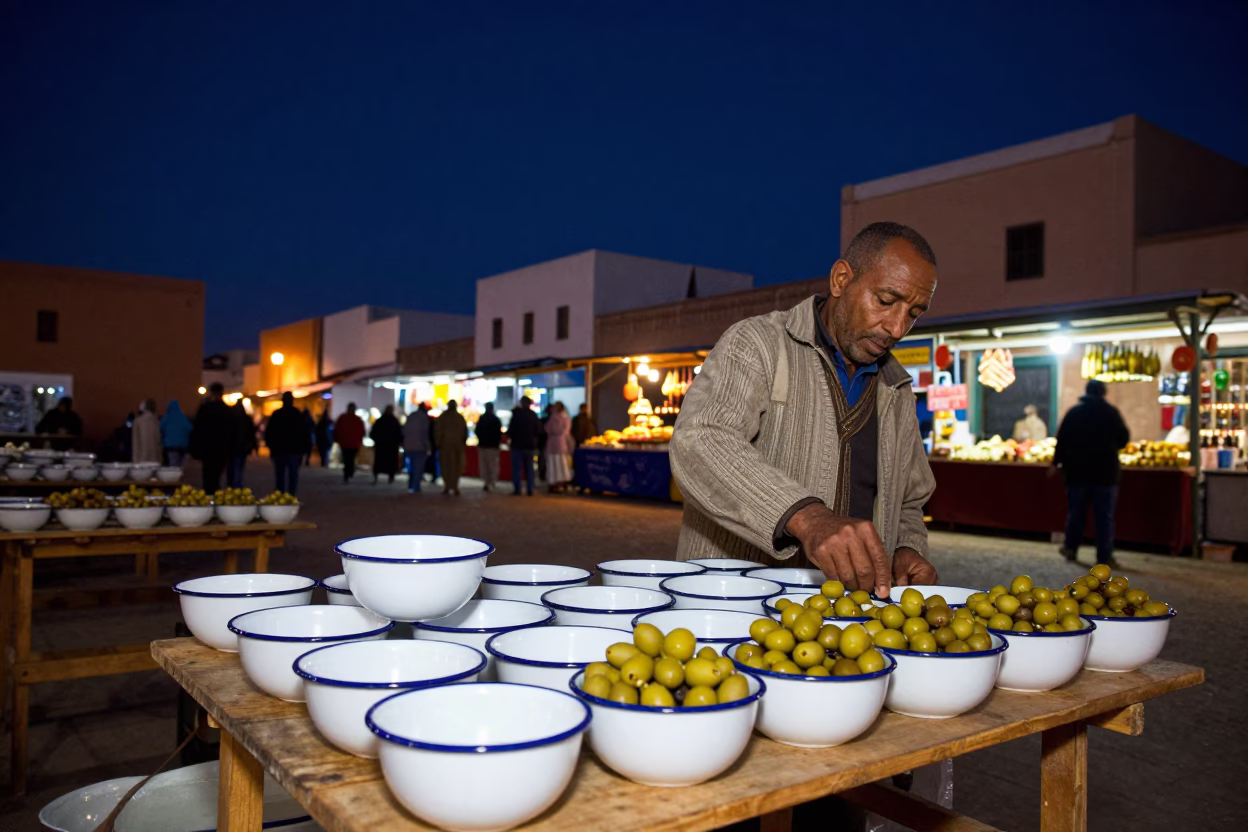 Essaouira Morocco Night Market Enamel Bowls and Olives Street Scene in in Essaouira, Morocco
