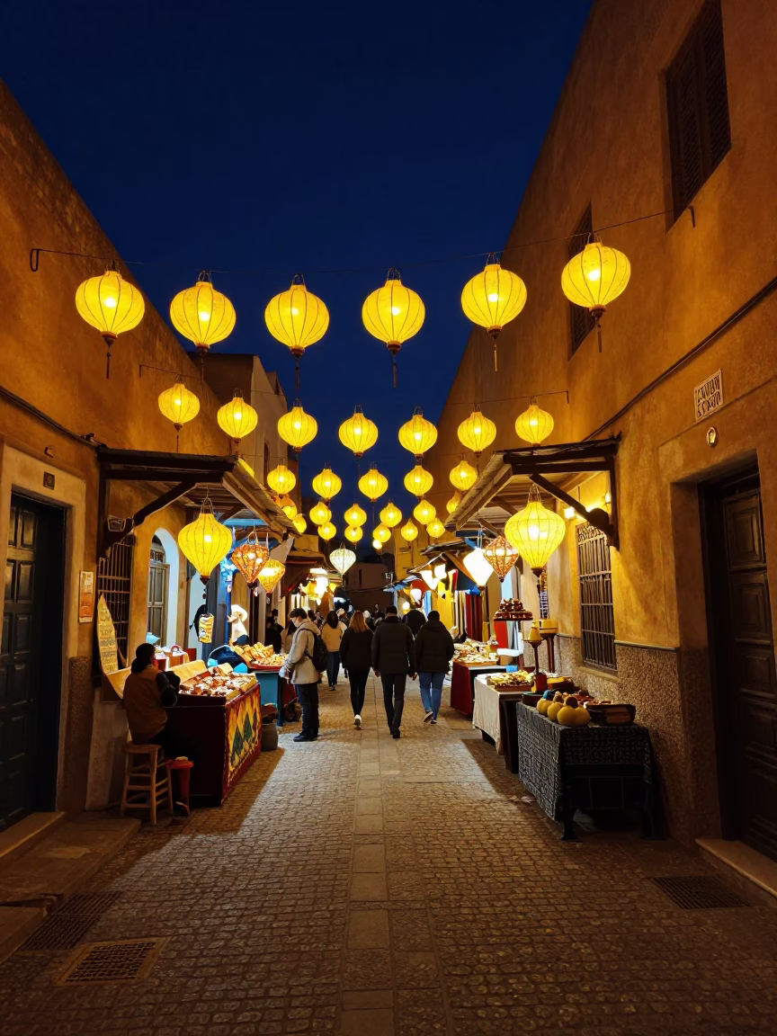 Essaouira Morocco Night Market Lanterns and Local Vendor Street Scene in in Essaouira, Morocco