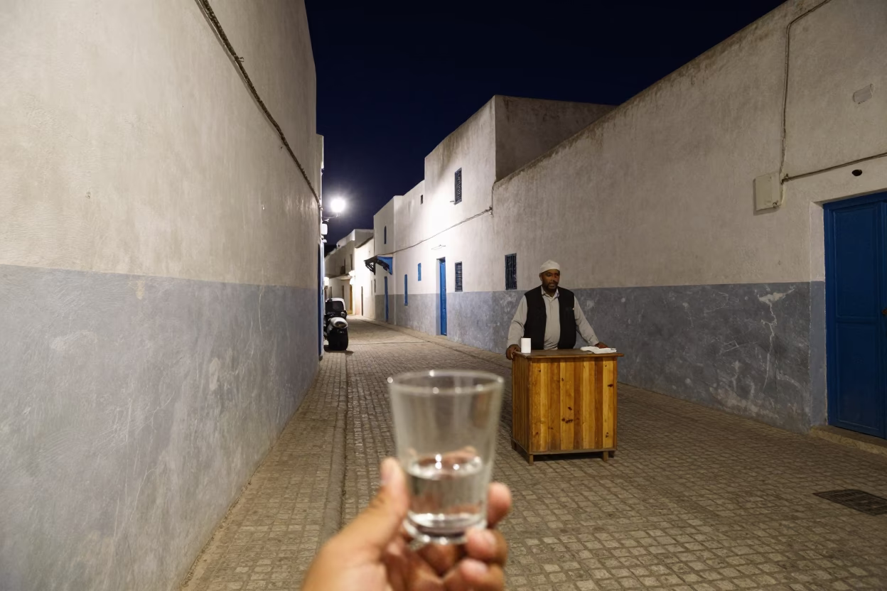 Essaouira Morocco Night Street Scene with Glass Tumbler and Finger Smudges in in Essaouira, Morocco