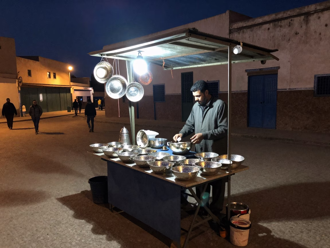 Essaouira Morocco Night Street Scene With Hammered Metal And Lint in in Essaouira, Morocco