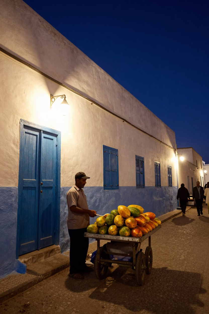Essaouira Morocco Night Street Scene With Local Vendor And Traditional Architecture in in Essaouira, Morocco