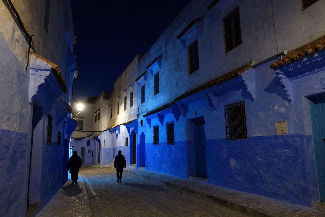 Essaouira Morocco Night Street Scene with Luminous Blue Walls and Local Market Activity in in Essaouira, Morocco