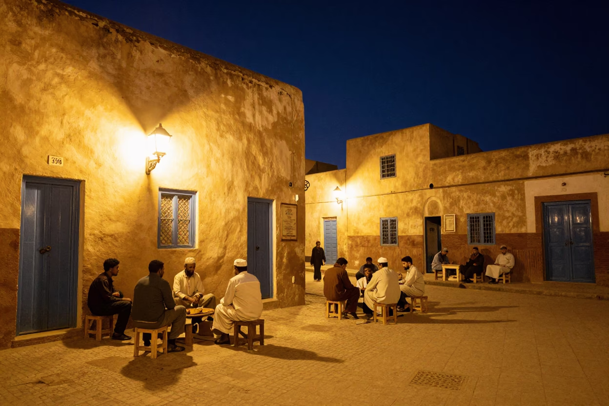 Essaouira Morocco Night Street Scene with Vintage 1950s Aesthetic and Local Life in in Essaouira, Morocco