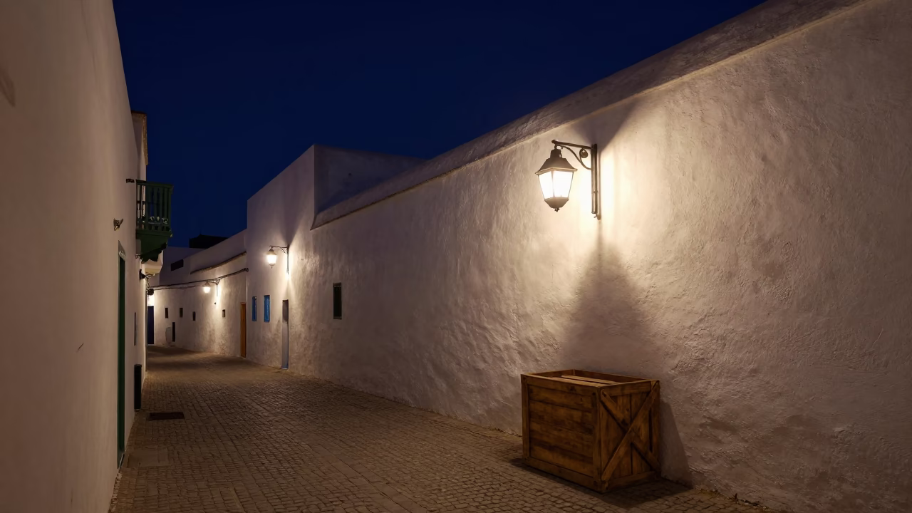 Essaouira Morocco Night Street Scene with Wooden Crate and Lantern Light in in Essaouira, Morocco