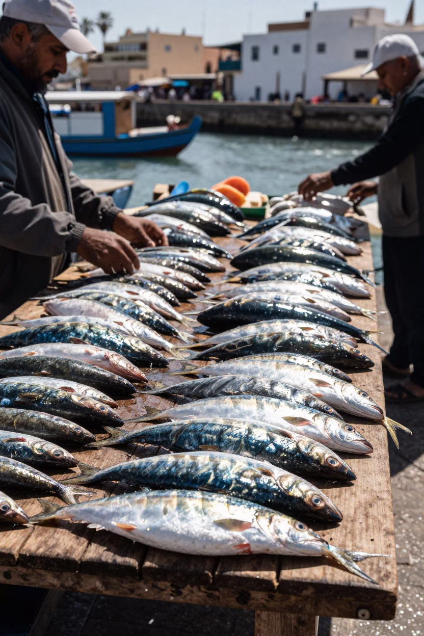 Essaouira Morocco noon street scene with fish market details and local activity in in Essaouira, Morocco