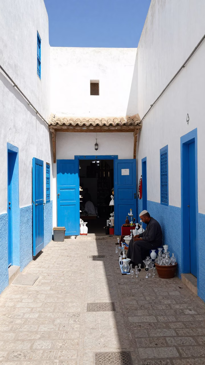 Essaouira Morocco Noon Street Scene with Local Artisan and Glassware in in Essaouira, Morocco