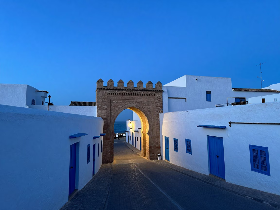 Essaouira Morocco Pre-Dawn Blue Hour Coastal Architecture and Market Street in in Essaouira, Morocco