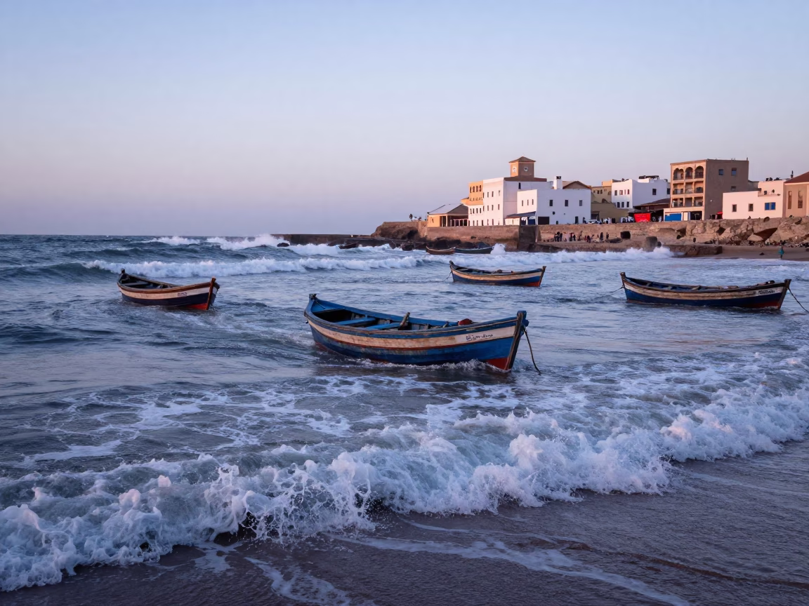 Essaouira Morocco Pre-Dawn Fishing Boats Returning Through Crashing Surf in in Essaouira, Morocco