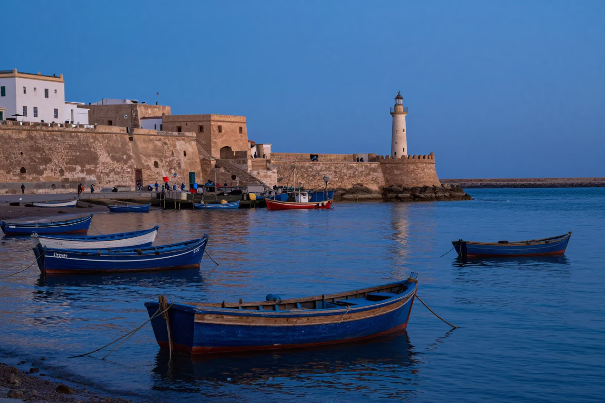 Essaouira Morocco Pre-Dawn Harbor Scene with Fishing Boats and Lighthouse in in Essaouira, Morocco
