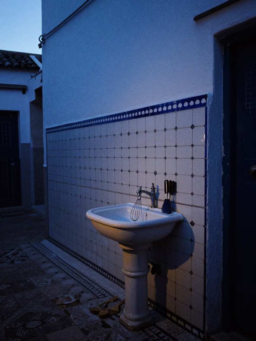 Essaouira Morocco Pre-Dawn Kitchen Scene With Sink And Whisks in in Essaouira, Morocco