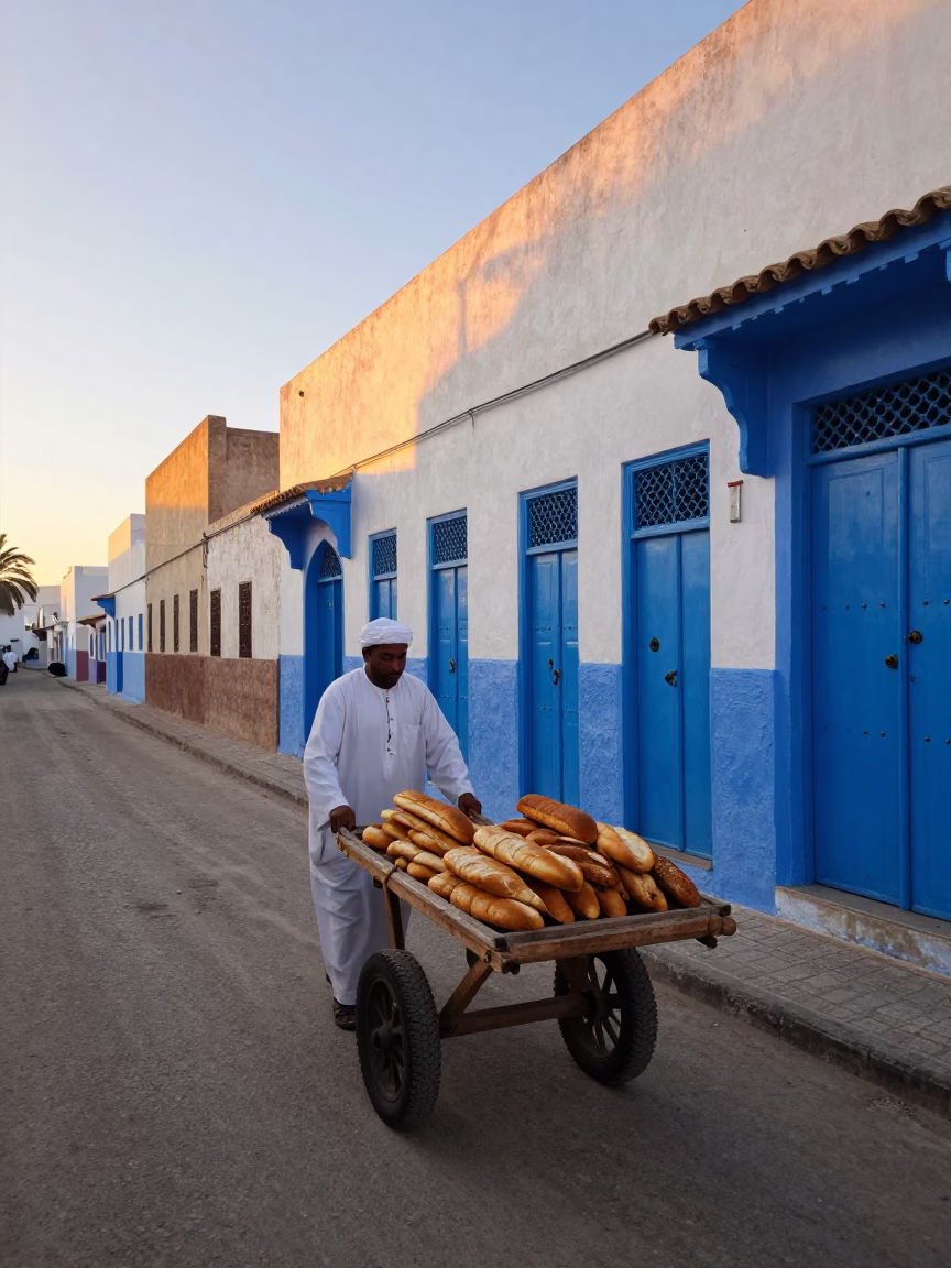 Essaouira Morocco Pre-Dawn Street Scene with Blue Doors and Morning Activity in in Essaouira, Morocco