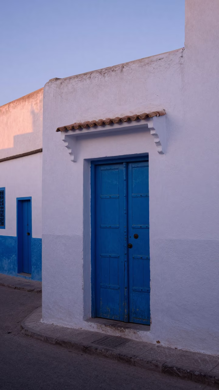 Essaouira Morocco Pre-Dawn Street Scene with Blue Wooden Door and Hinge in in Essaouira, Morocco