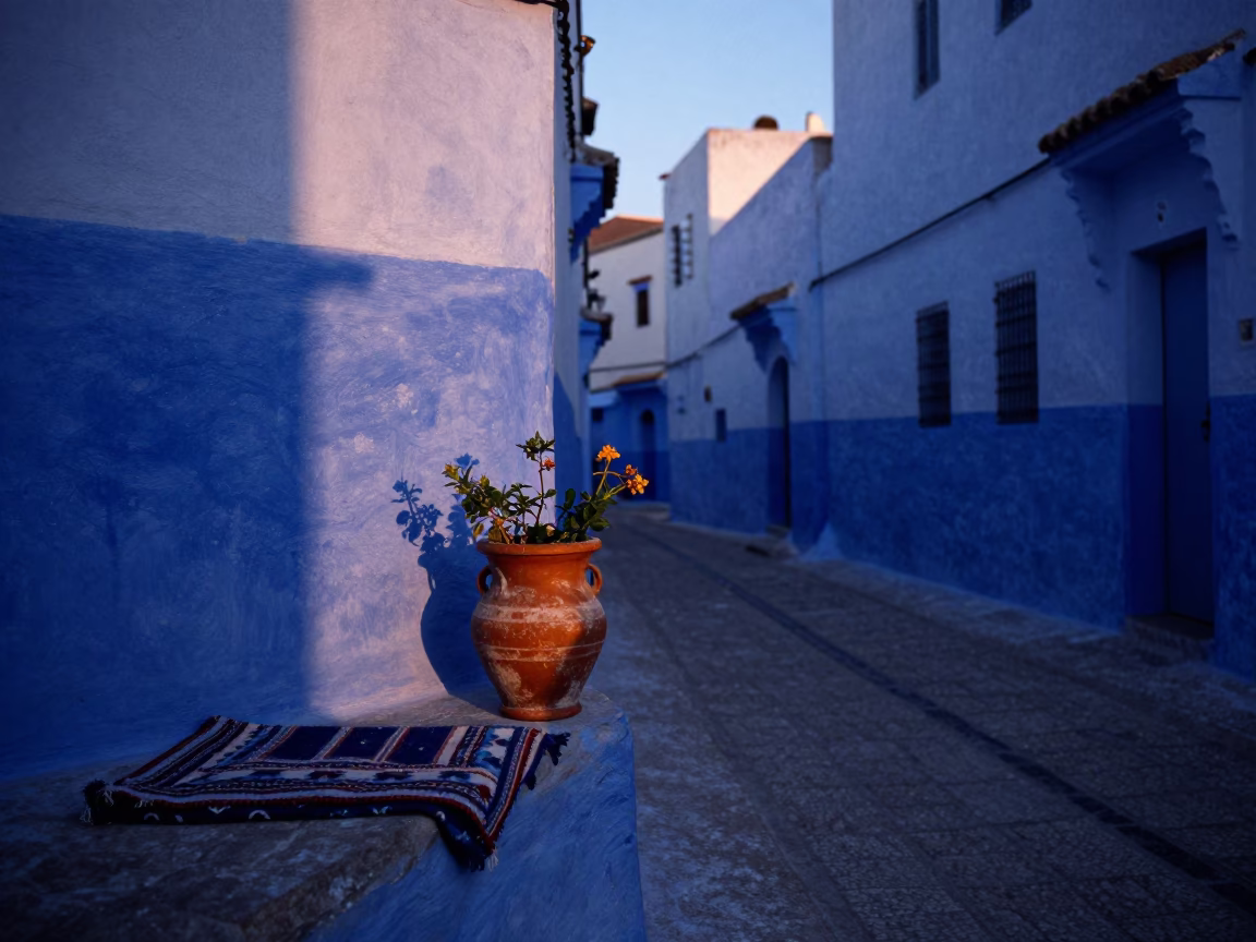 Essaouira Morocco Pre-Dawn Street Scene with Flowerpot and Blankets in in Essaouira, Morocco