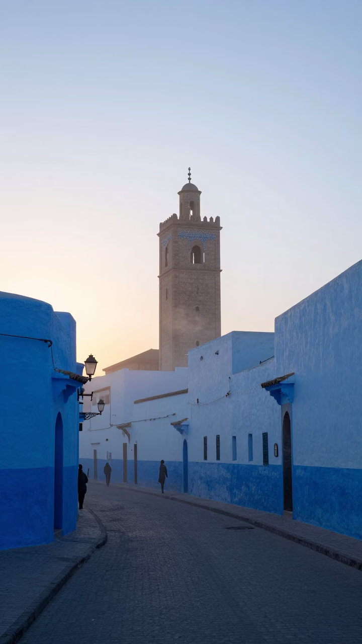Essaouira Morocco Pre-Dawn Street Scene with Water Tower and Morning Mist in in Essaouira, Morocco