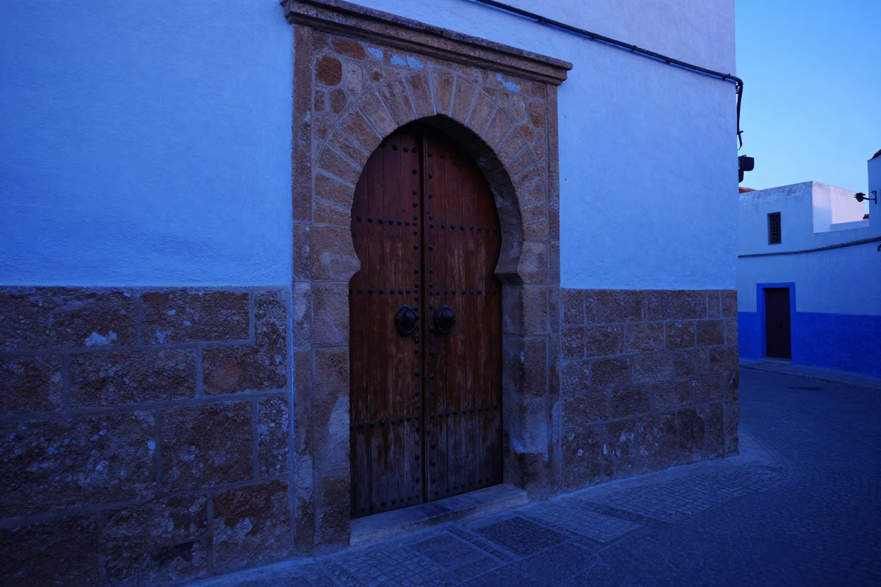 Essaouira Morocco Pre-Dawn Street Scene With Wooden Door And Stone Wall in in Essaouira, Morocco