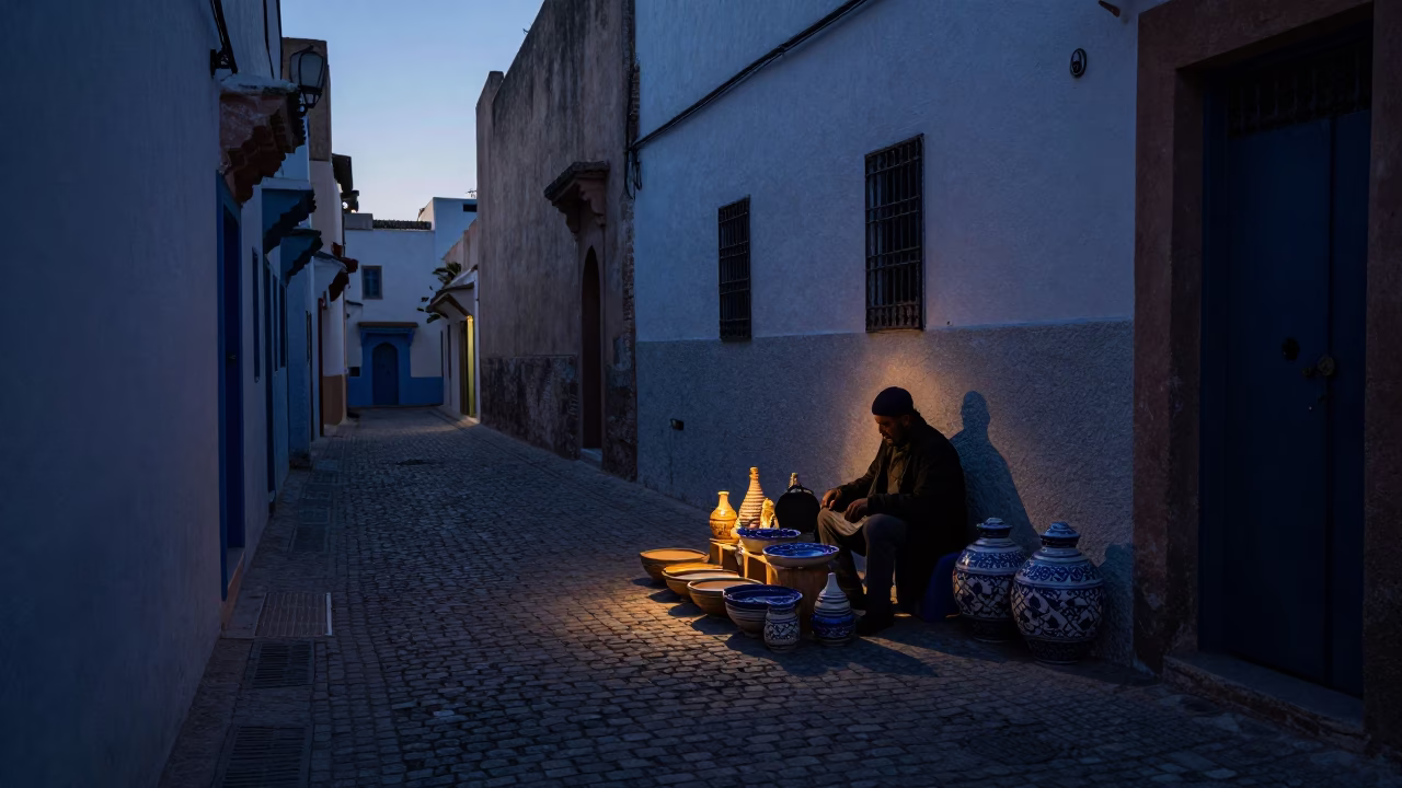 Essaouira Morocco predawn street scene with ceramic bowls and jars on dusty ground in in Essaouira, Morocco