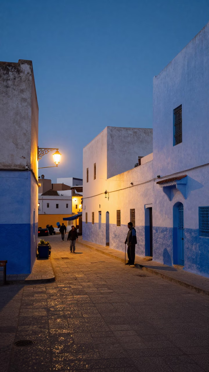 Essaouira Morocco Street Scene at Dusk with Fisherman and Traditional Tools in in Essaouira, Morocco