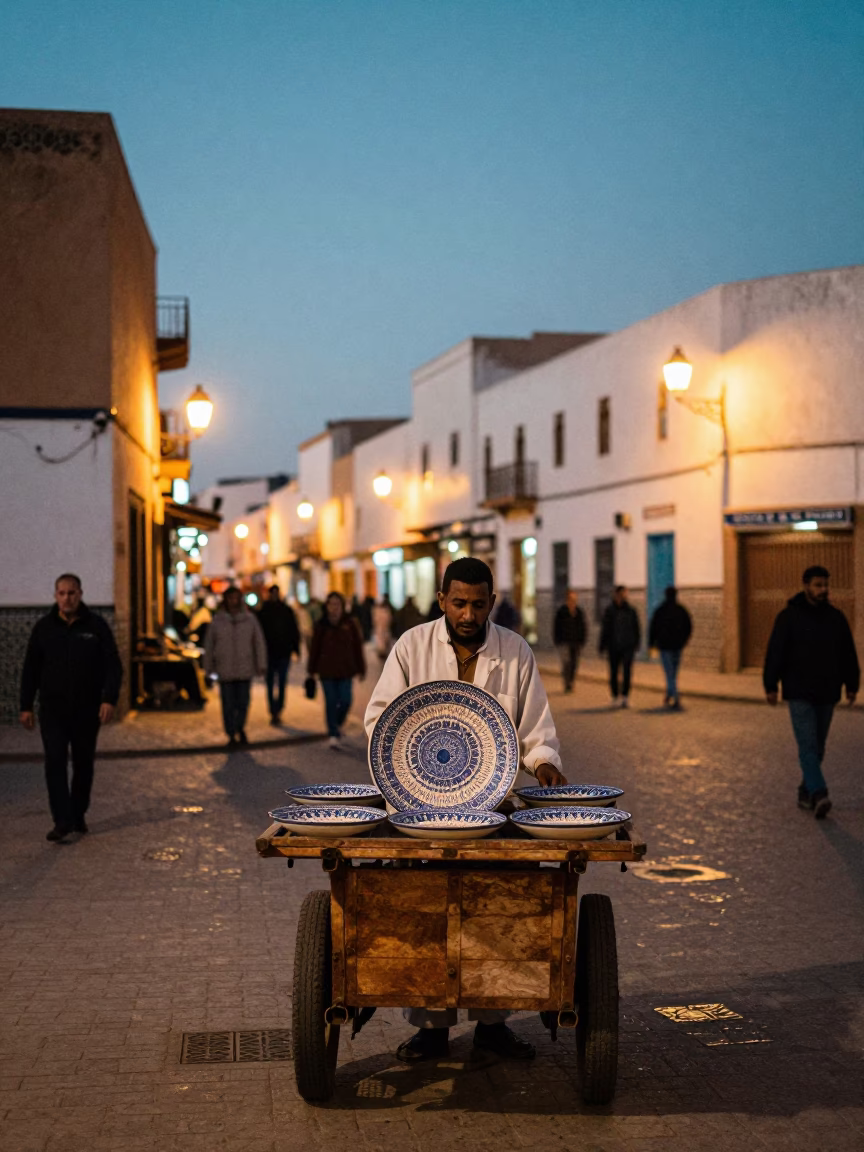 Essaouira Morocco Street Scene at Dusk with Vintage Majolica Plate and Local Interaction in in Essaouira, Morocco