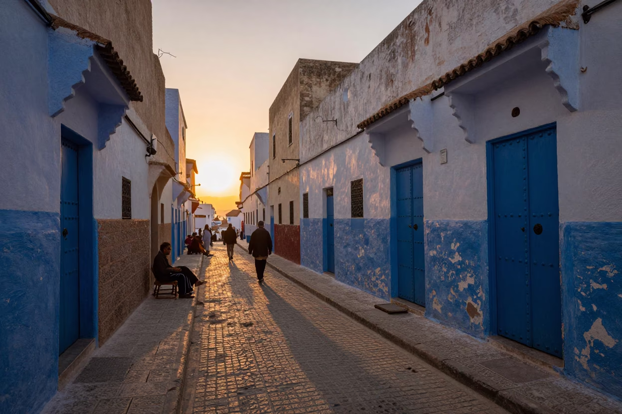 Essaouira Morocco Street Scene at Sunset with Local Life Details in in Essaouira, Morocco