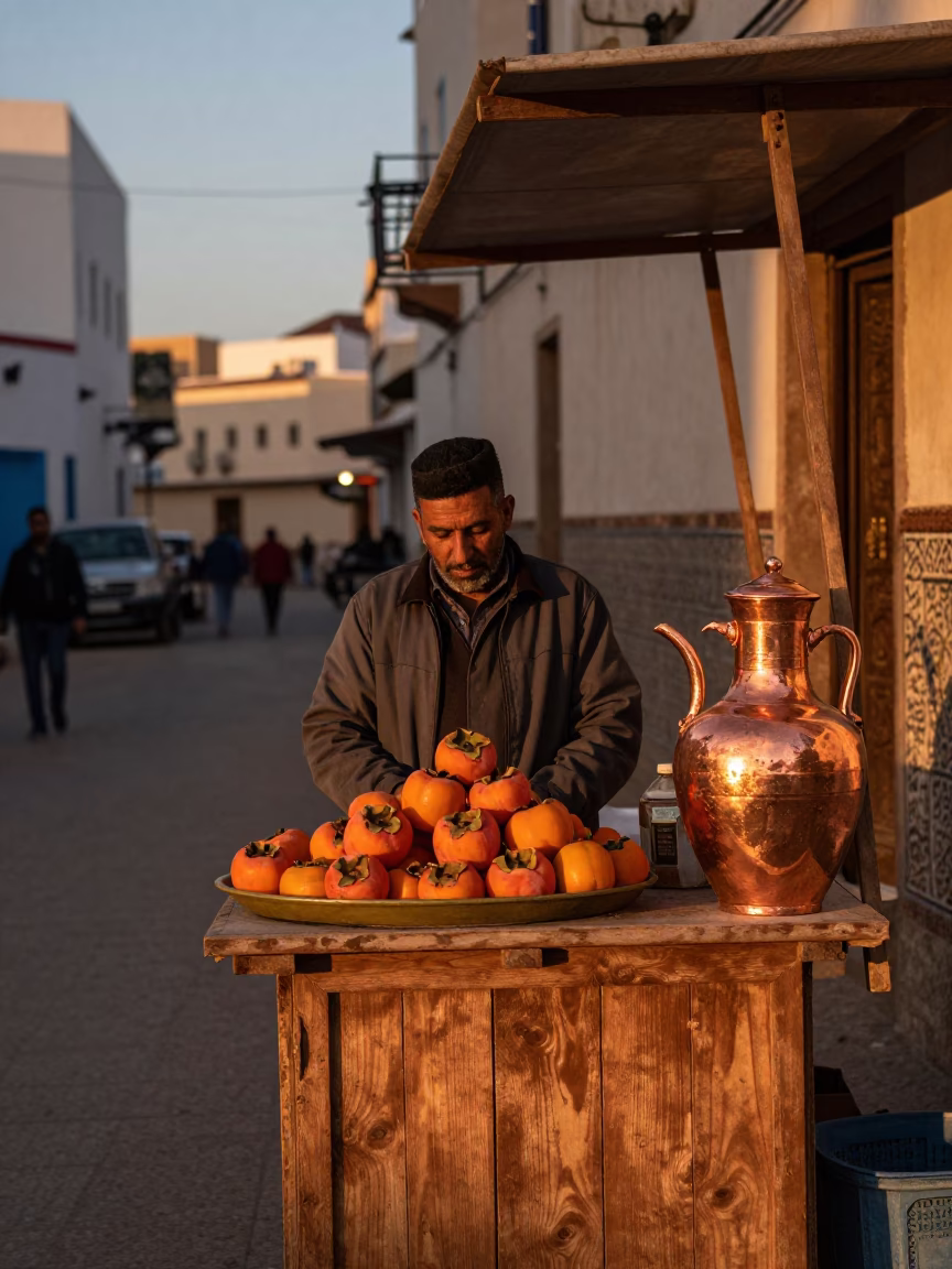 Essaouira Morocco Street Scene Before Dusk With Persimmons and Stoneware Crocks in in Essaouira, Morocco