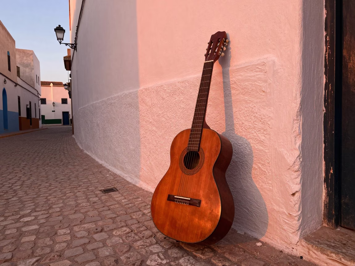 Essaouira Morocco Street Scene Before Dusk with Traditional Guitar and Cobblestone Alleyway in in Essaouira, Morocco