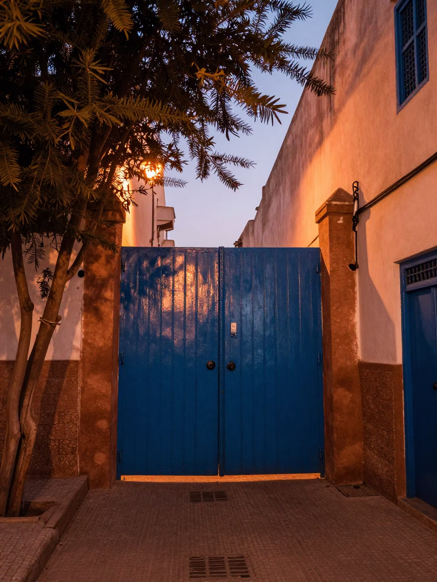Essaouira Morocco Street Scene Copper Dusk Light Blue Gate and Plaster Shadows in in Essaouira, Morocco