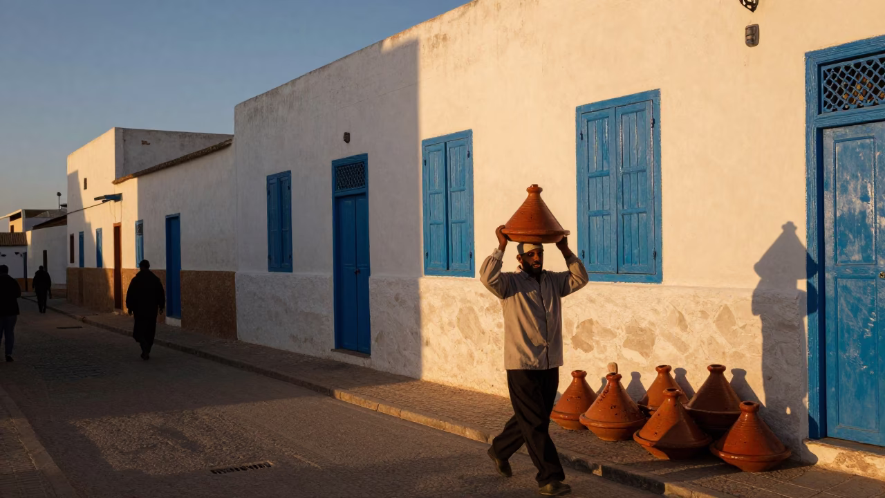 Essaouira Morocco Street Scene Evening Light with Tagine and Local Interaction in in Essaouira, Morocco