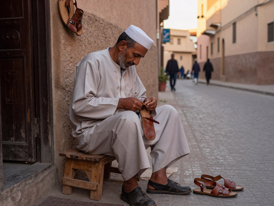 Essaouira Morocco Street Scene Golden Hour Local Craftsman Repairing Leather Sandals Traditional Medina in in Essaouira, Morocco