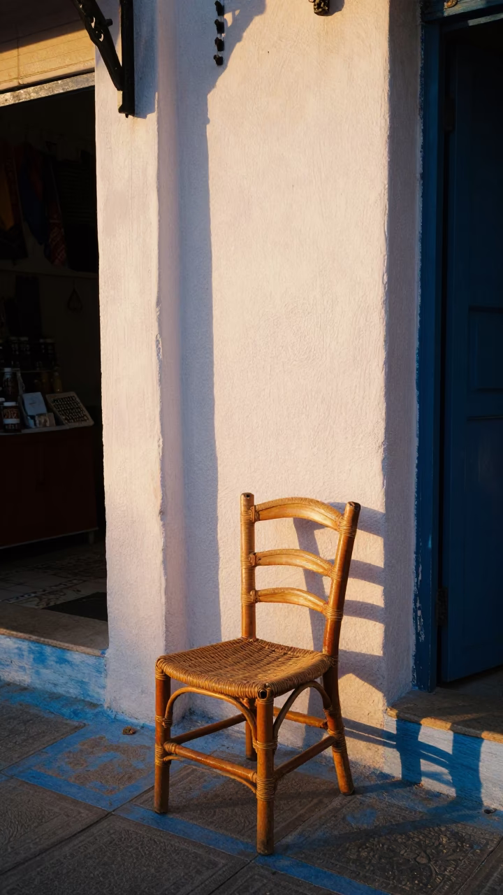 Essaouira Morocco Street Scene Honeyed Evening Light Rattan Chair and Lemons in in Essaouira, Morocco