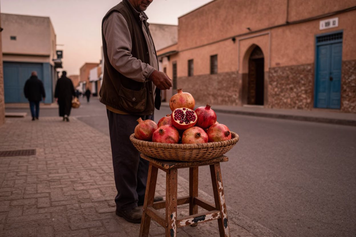 Essaouira Morocco Street Scene with Pomegranate Seller in Copper Dusk Light in in Essaouira, Morocco