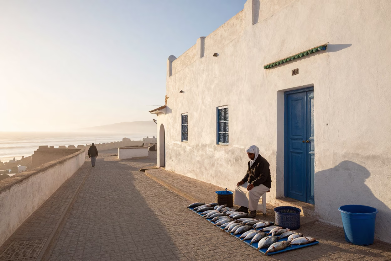 Essaouira Morocco Sunrise Street Scene with Local Vendor and Traditional Elements in in Essaouira, Morocco