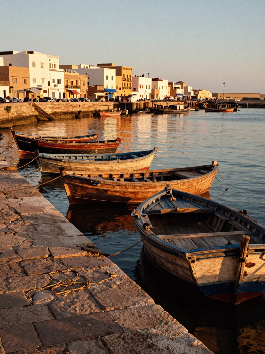 Essaouira Morocco Sunset Fishing Port with Traditional Wooden Boats and Coastal Activity in in Essaouira, Morocco