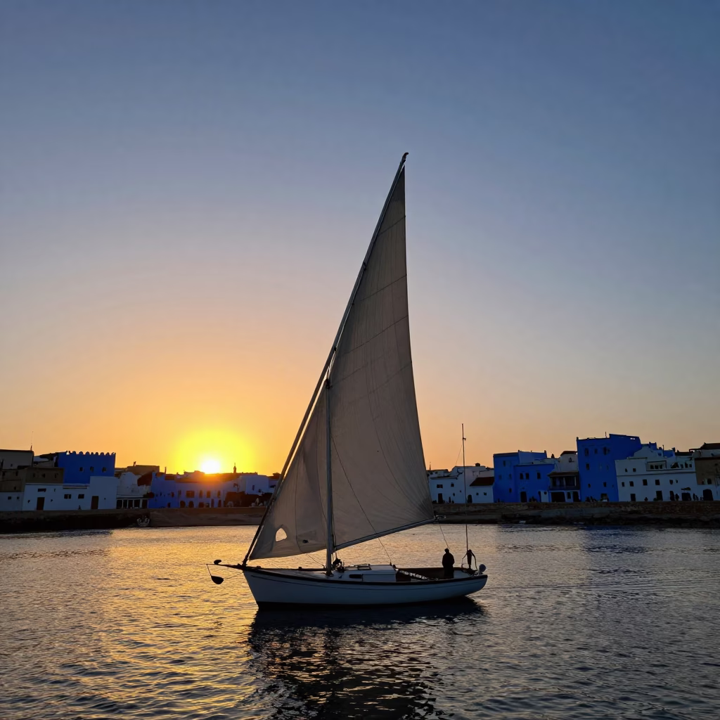 Essaouira Morocco Sunset Harbor Sailboat Spinnaker and Coastal Life in in Essaouira, Morocco