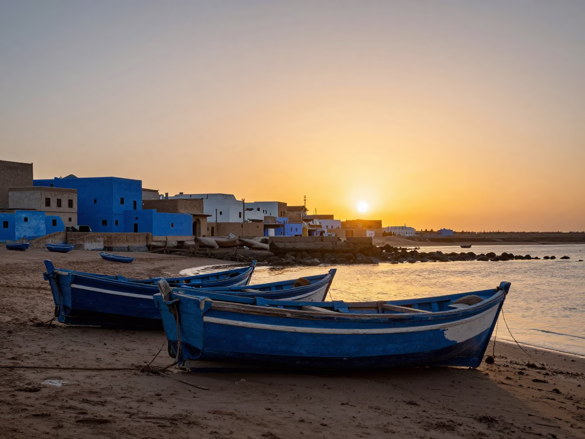 Essaouira Morocco sunset harbor scene with fishing boats and blue painted buildings in in Essaouira, Morocco