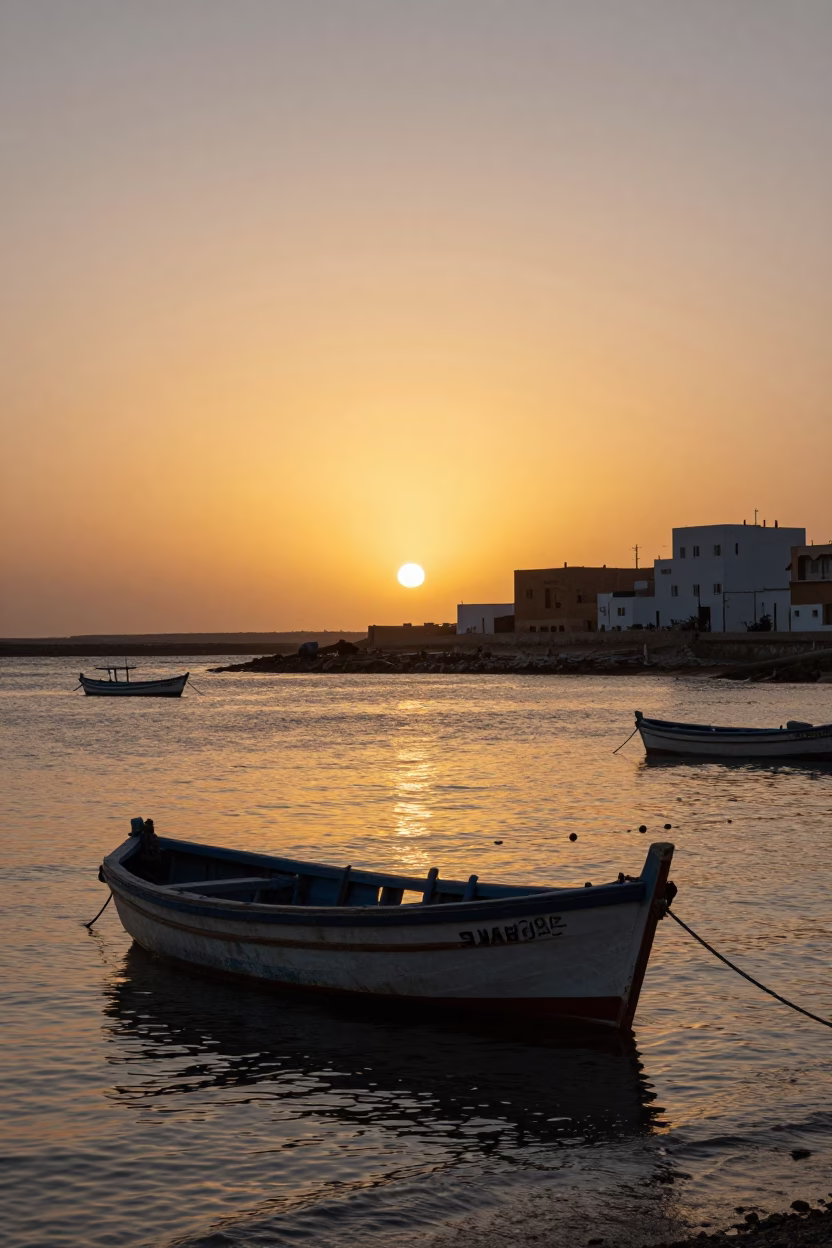 Essaouira Morocco Sunset Harbor Scene with Fishing Boats and Coastal Architecture in in Essaouira, Morocco