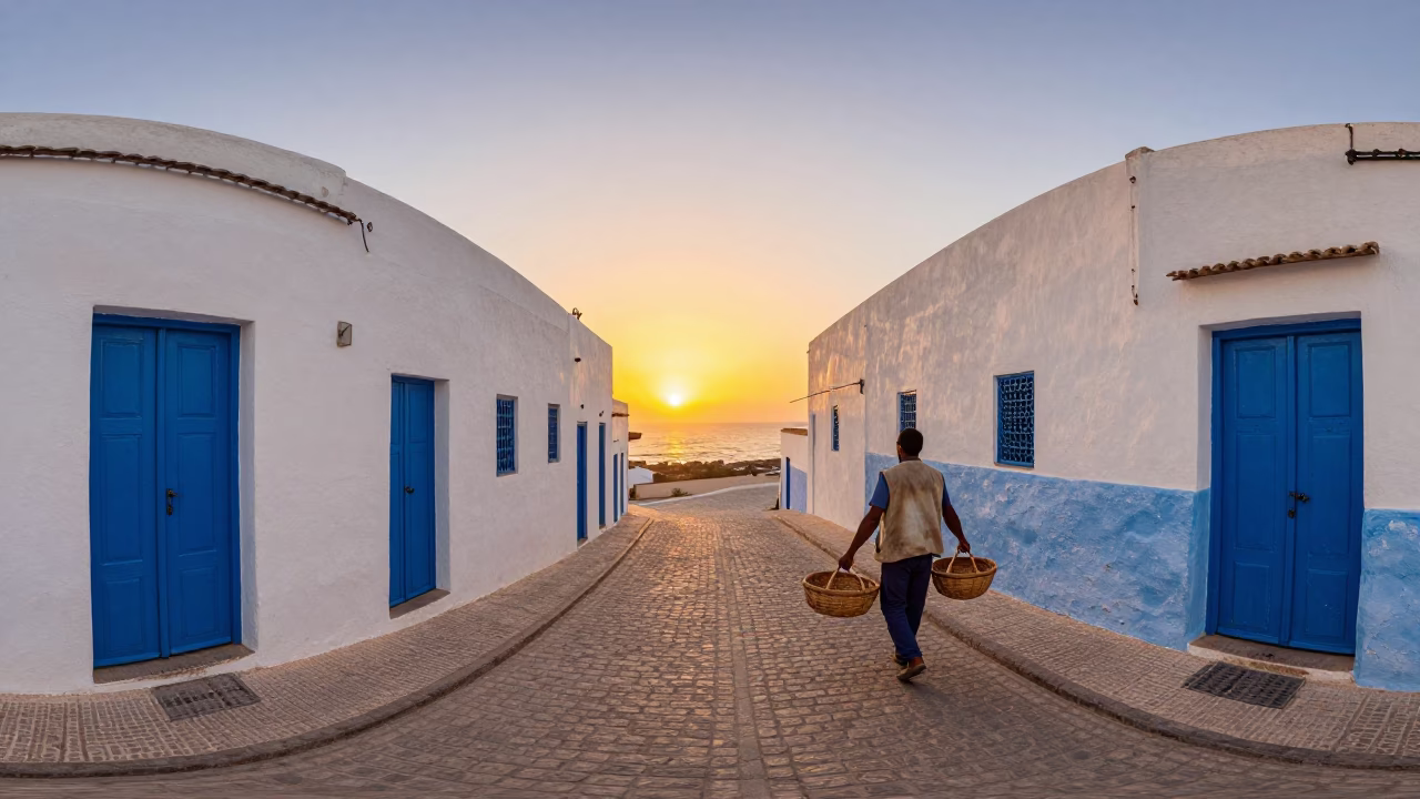Essaouira Morocco Sunset Street Scene with Blue Doors and Coastal Light in in Essaouira, Morocco