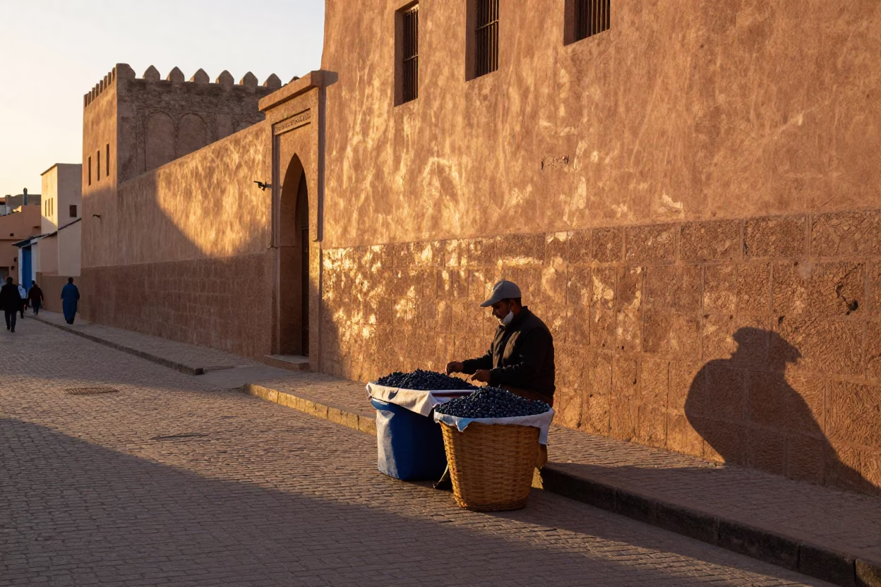Essaouira Morocco Sunset Street Scene with Blueberry Vendor and Traditional Blue Shutters in in Essaouira, Morocco