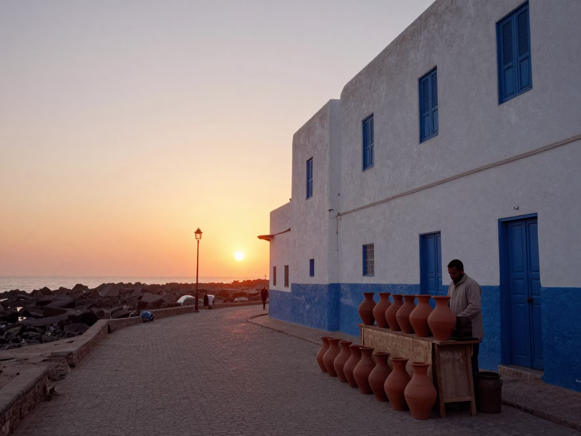 Essaouira Morocco Sunset Street Scene with Clay Pots and Coastal Life in in Essaouira, Morocco