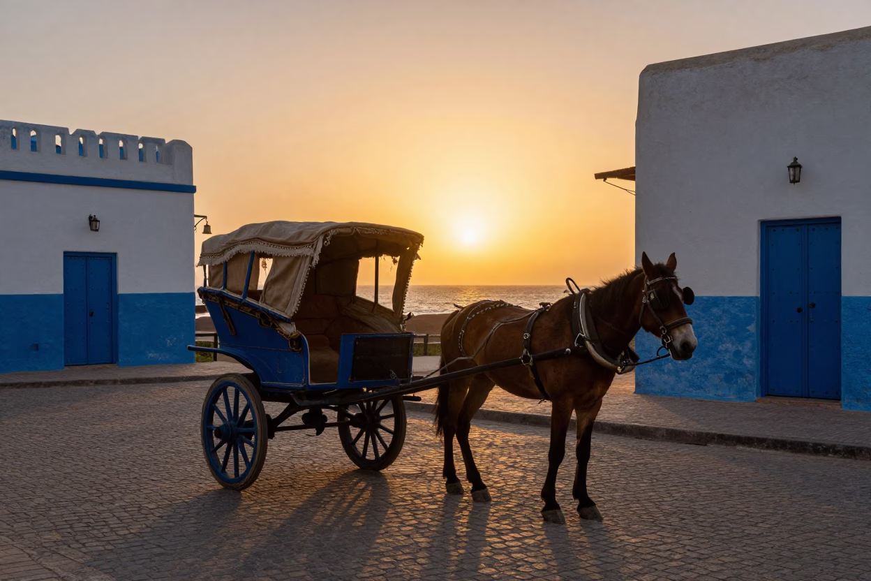 Essaouira Morocco Sunset Street Scene with Horse Cart and Traditional Watering Jug in in Essaouira, Morocco