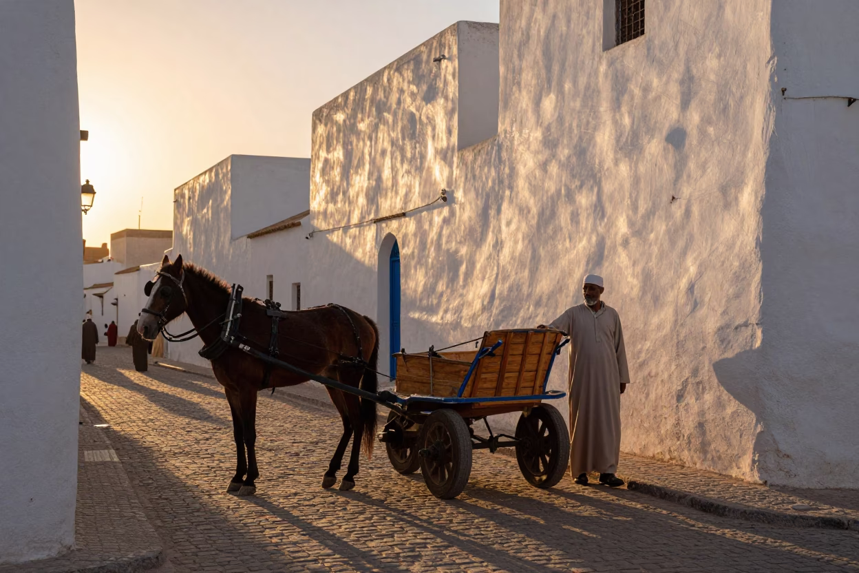 Essaouira Morocco Sunset Street Scene with Horse Drawn Cart and Cobalt Blue Ceramic Pot in in Essaouira, Morocco
