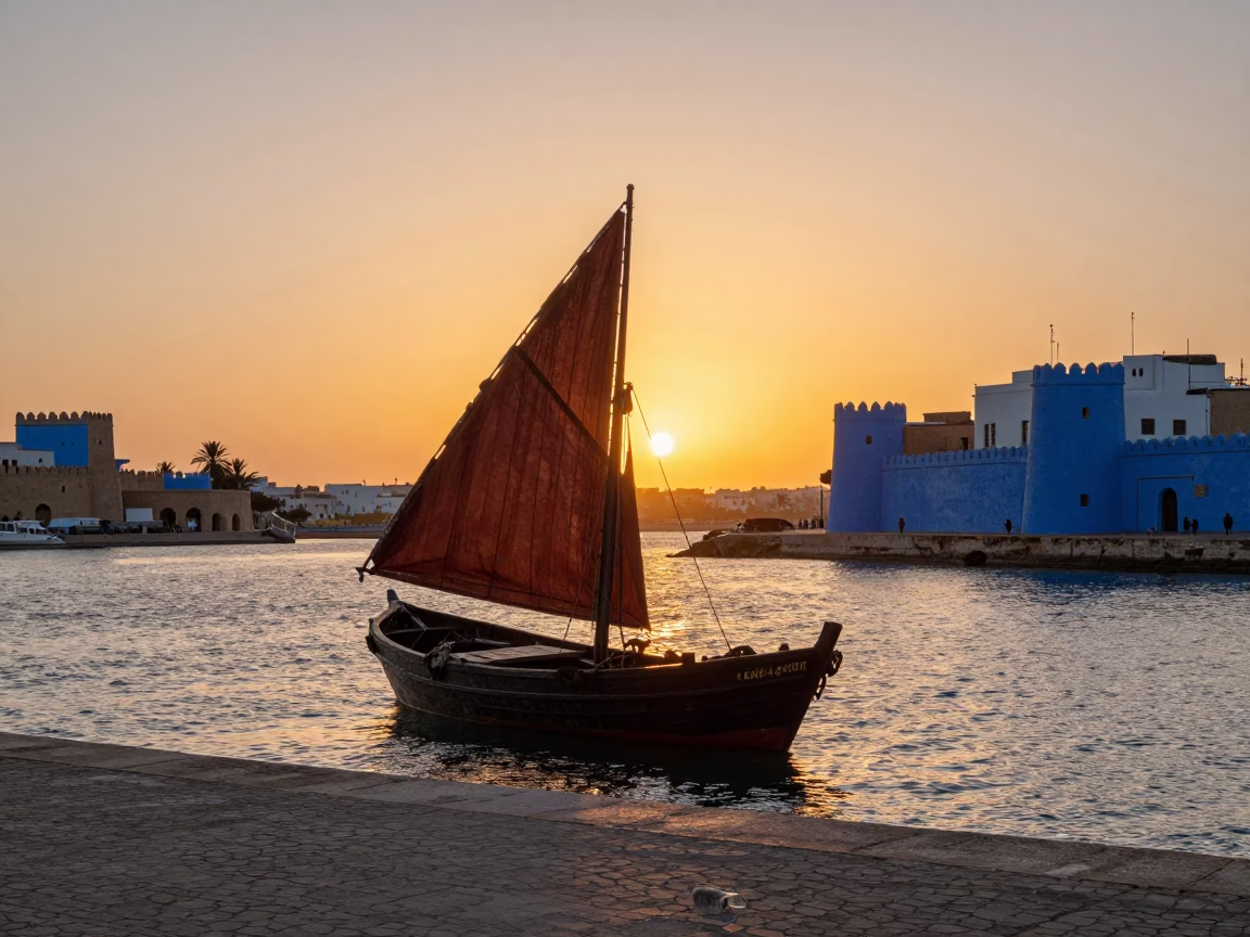 Essaouira Morocco Sunset Street Scene with Junk Boat and Glass Tumbler in in Essaouira, Morocco