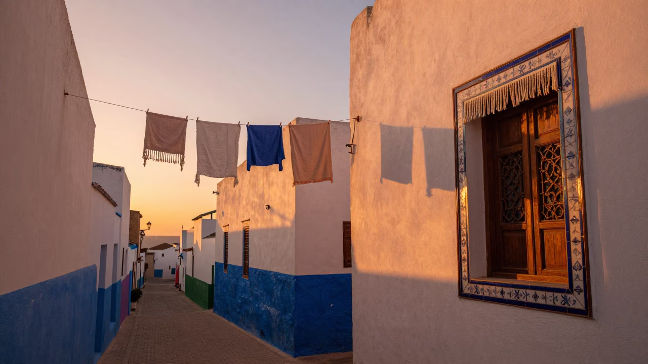 Essaouira Morocco Sunset Street Scene with Linen Fringe and Clothesline in in Essaouira, Morocco