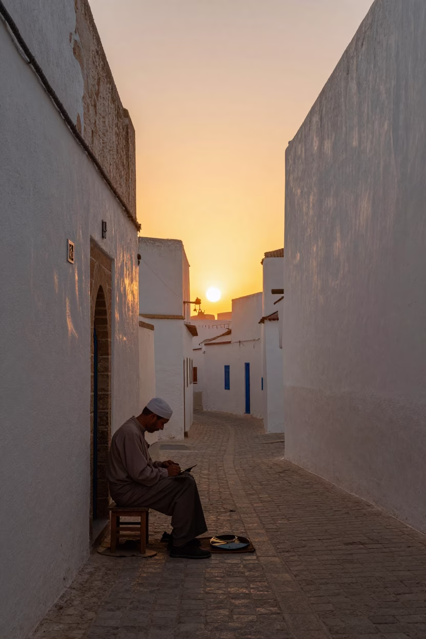 Essaouira Morocco Sunset Street Scene with Local Craftsman and Traditional Tea in in Essaouira, Morocco